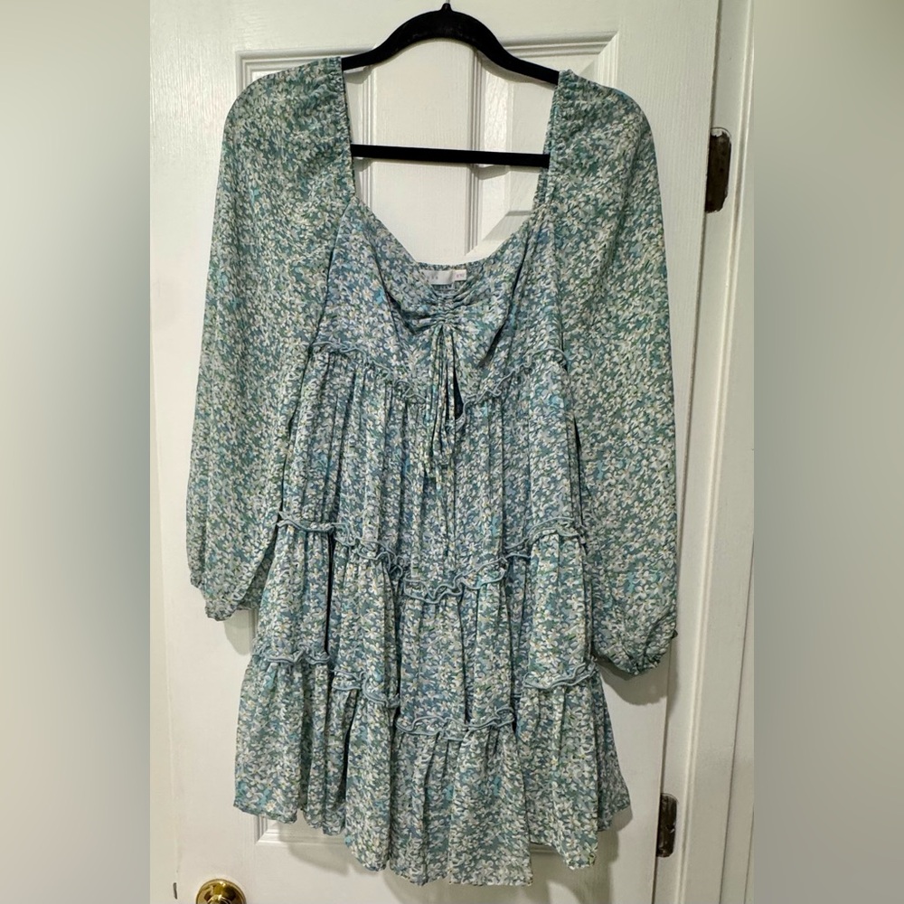 Lush Blue Floral Top with Green, Blue and Yellow Accents